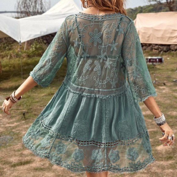 *RESTOCKED* Boho Lace Plunging Cover Up Green - Picture 5 of 7